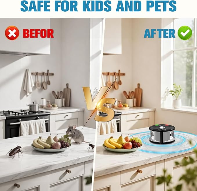 Ultrasonic Mouse Repellent Indoor Electronic Rodent Repeller Plug-in 360° Ultrasonic Electric Impulse Pest Control Device for Mice Rat Squirrel Roach Spider Ant Bug BatFamily &amp Pet Safe