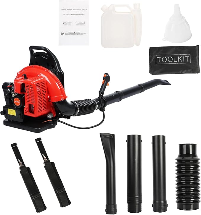 63cc Backpack Gas Powered Leaf Blower3HP 2 Stroke Gas Leaf BlowerAir Cooling Gasoline Grass Lawn BlowersLow Vibration with 1.7L Tank for GutterGardenYard Ora (Red)