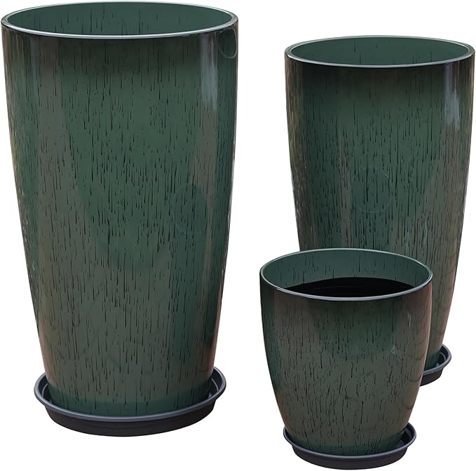 242111 Inch Large Plastic Planters with Drainage Hole and Saucer - Set of 3 Tall Plant Pots Indoor Flower Pot Tall Round Planters Outdoor Large Tall Planter