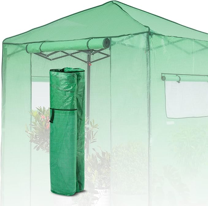 EAGLE PEAK Replacement Cover for 6x4 Portable Walk-in Pop up Greenhouse Front Roll-Up Zipper Entry Door and 2 Roll-Up Side Windows (Frame Not Included) Green