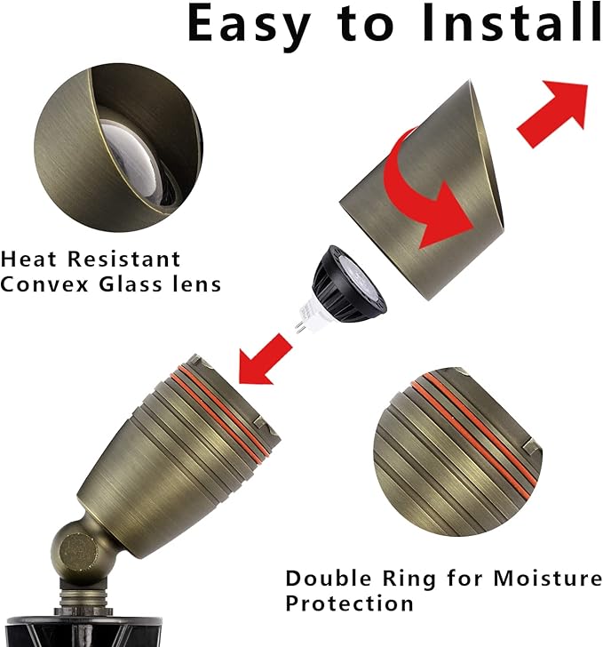 12V Waterproof Solid Brass Landscape Spotlights - 6 Pack Low Voltage Outdoor Lights with Ground Spike for Garden Yard Patio Walkway Driveway and Porch