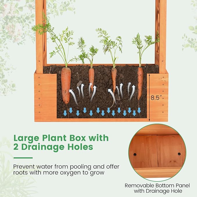 Nightcore Raised Garden Bed with Trellis Wooden Flower Rack with Double-Sided Grid Hanging Roof &amp Drainage Holes Outdoor Garden Planter for Flowers Vegetables Climbing Vines (2)