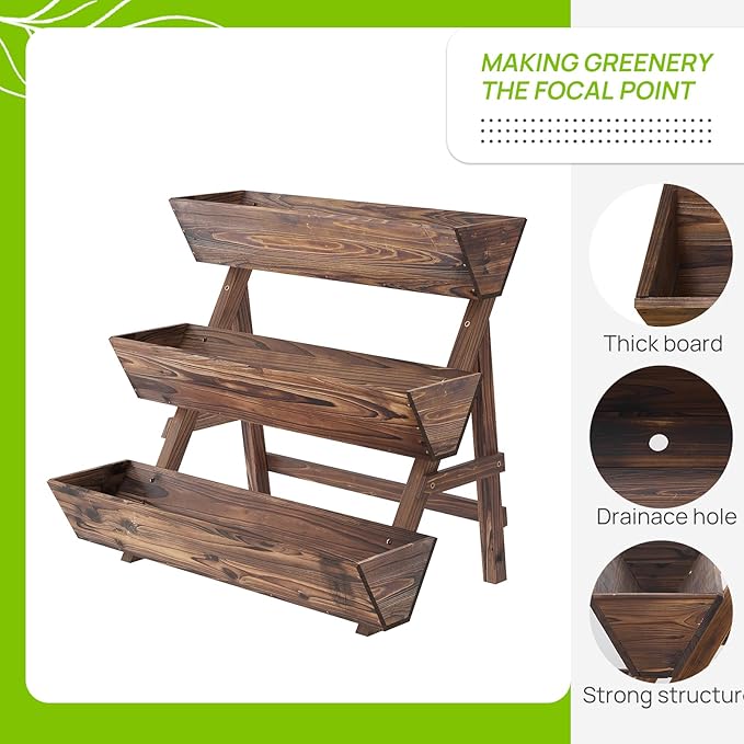 3-Tiers Wooden Raised Garden BedPlanter Box Gardening Outdoor Planter Box Patio Kit Tiered Planter Box Vertical Garden Planter Wood Plant Stand for Patio Balcony Freestanding (Carbonized L)
