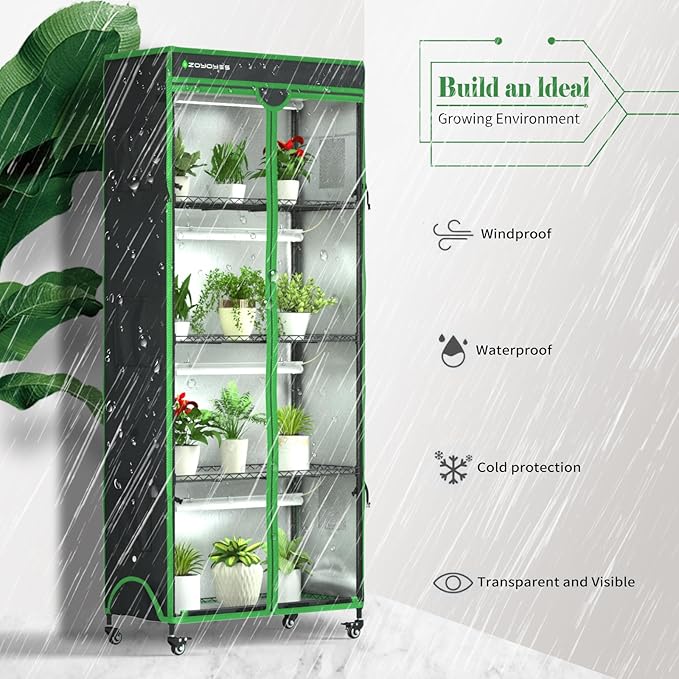 Indoor Greenhouse with Grow Light 35.8 W x 17.8 D x 71.8 H 5-Tier Plant Shelf with 3-Color T8 Growth Lights Plant Stand with Smart Timing Plug and thermohygrometer