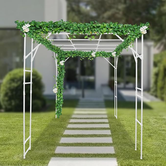 118'' L x 78.5'' W x 90.5'' H Large Outdoor Garden Arch Trellis for Climbing Plants Grape Arbor Rack Pergola Plastic-Coated Steel Cane Frame for Courtyard and Garden Decoration of Pavilions (White)