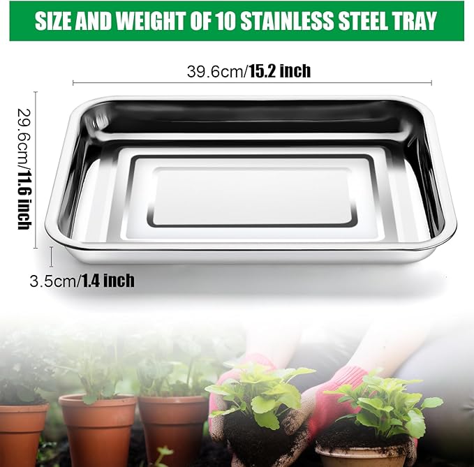 Stainless Metal Trays Stainless Steel Seed Starter Carry Tray Fit 54 Cell Plug Tray Nursery Seedling Pots Water Collection Transplantation (11.6 inch×15.2 inch 1.45 Height 10-Pack)