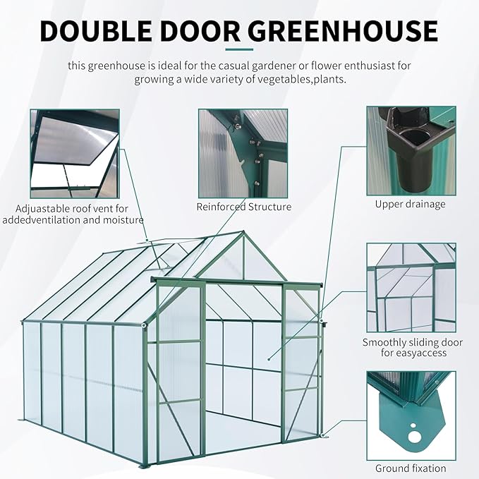 8x10 Greenhouse for Outdoor with Double Door and Adjustable Roof Walk-in Polycarbonate Gardening Green House with Raised Base and Anchor Drainage System for Backyard Lawn Green