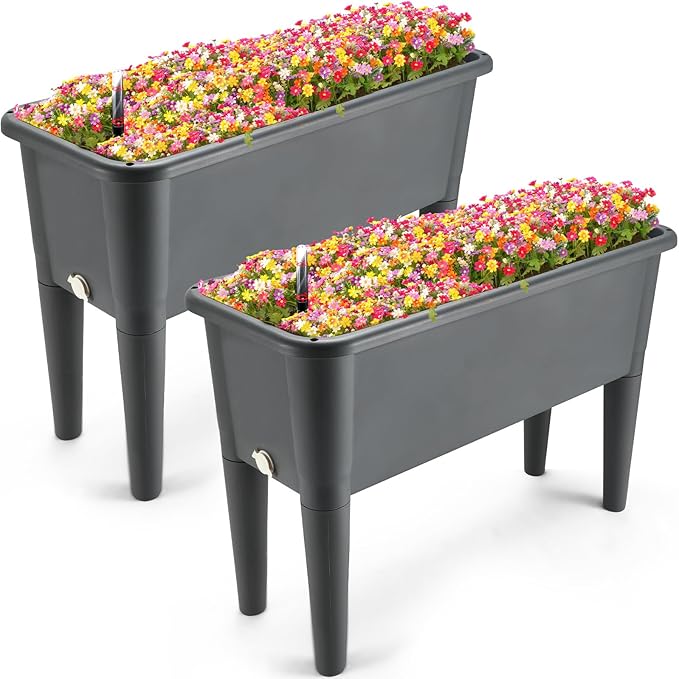 Yungyan 2 Pcs 13.2 Gallon Raised Garden Bed Plastic Planter Box Self Watering Flower Box Deepen Herb Planter Elevated Plant Bed with Removable Legs Water Level Indicator for Vegetable Outdoor Patio