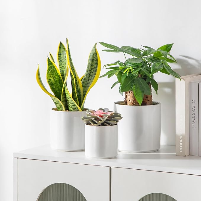 vancasso Ceramic Plant Pots 4.25+5.25+6.25 Inch Planter Pot with Drainage Hole Flower Pots for Indoor Outdoor Plants Set of 3 White