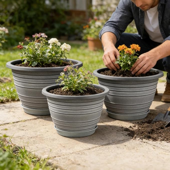 Large-Planter-Indoor-Outdoor Plant Pots 12 inch 3 Pack Plastic Flower Pots with Saucer and Drainage Holes Retro Antique Imitation Decorative Garden Containers Sets for Houseplant