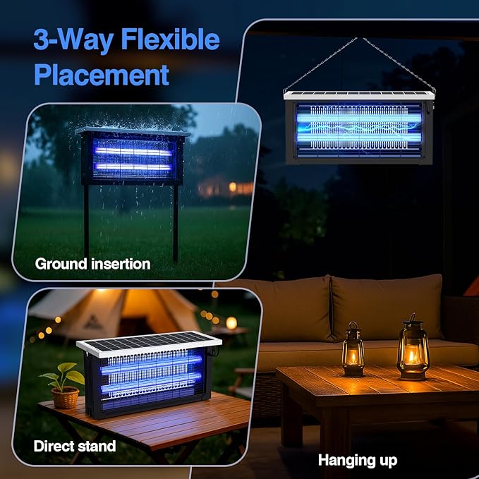 Solar Bug Zapper Outdoor Powerful Mosquito Zapper Electric Mosquito Killer Outdoor Waterproof &amp Portable Fly Killer Rechargeable Flying Insect Trap for Patio Yard Garden Home Camping Blac