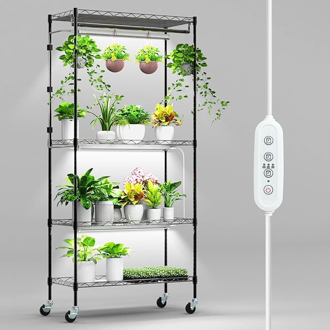 Plant Shelf with Grow Light 4-Tier Metal Grow Light Shelf with Hanging Rod and Adjustable Rack3-Pack 6000K T12 LED Full Spectrum Grow Lights for Seed Starting Succulents Built-in Timer