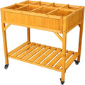 Elevated 8 Pocket Herb Garden Bed Mobile Raised Customizable Wood Planter for Herbs Vegetables Flowers w/Lockable Wheels Storage Shelf Drainage Holes