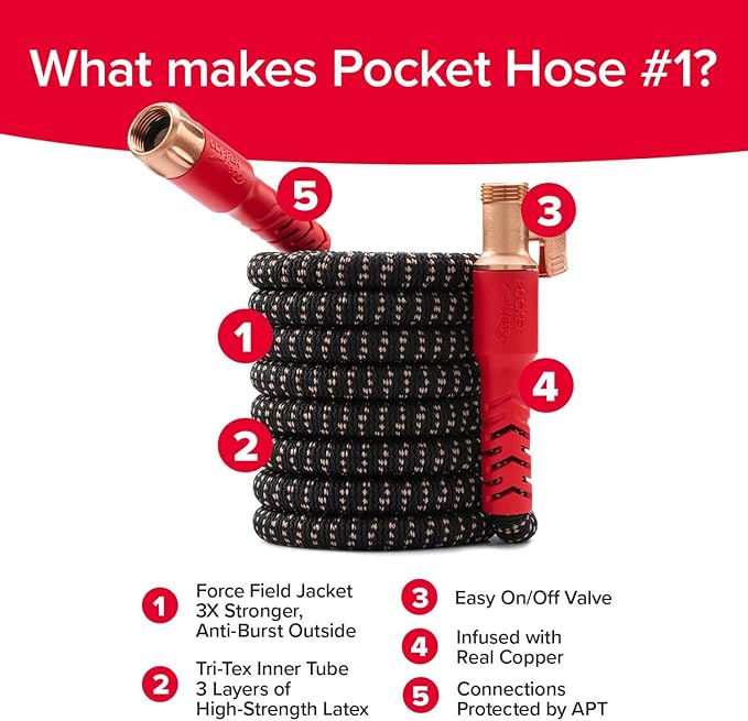 Pocket Hose 100 FT Copper Head Expandable Garden Hose with Pocket Pivot No Tangles AS SEEN ON TV 360° Swivel Tri-Tex Tubing Force Field Jacket Lead-Free No-Kink Anti-Burst w/APT