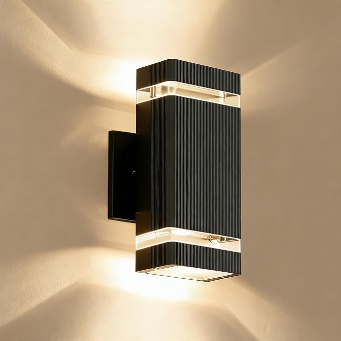 Square Outdoor Wall Lights Up and Down LED Porch Lights Aluminum Exterior Lighting Fixtures with 2 * 7W Bulbs 3000K Waterproof Outdoor Sconces Wall Lighting for House Porch Garage Patio Black