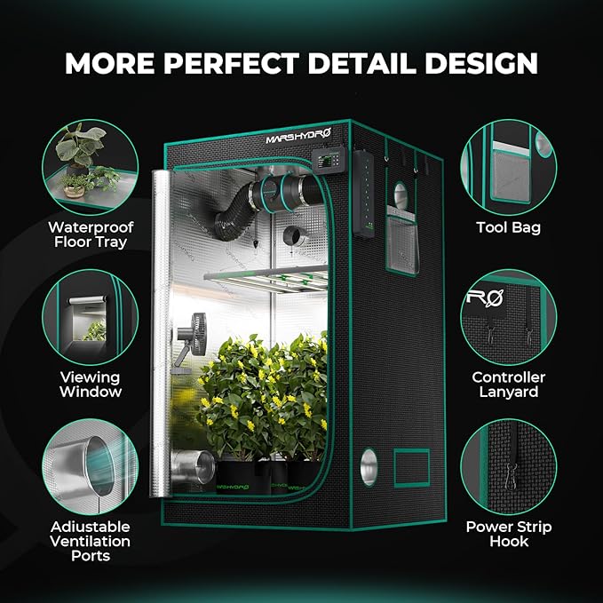 MARS HYDRO 4x4 Advanced Grow Tent 48x48x80 High Reflective Mylar 1680D for Hydroponics Indoor Plant Growing with Observation WindowFloor Tray and Smooth Zipper for TSW2000/FC4800/FC-E4800