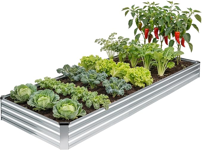 G GOOD GAIN 12x4x1ft Galvanized Raised Garden Bed Heavy-Duty Metal Planter Boxes Outdoor for Vegetables Flowers Herbs Silver(1 Pack)