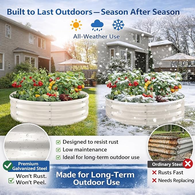 Premium Round Raised Garden Bed 4FT Large Thickened Galvanized Metal Planter Box 0.7mm Reinforced Rust-Resistant Easy DIY Assembly Above Ground Gardening Bed for Vegetables Flowers &amp Herbs