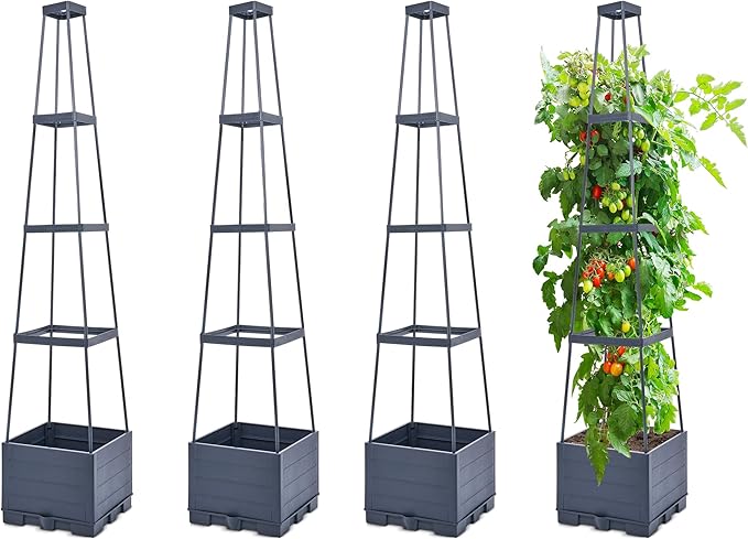 GENMOUS Raised Garden Bed with Tomato Planter Box Trellis 56'' Tomato Cages for Garden Tomato Planter Cage for Patio for Climbing Plants Vegetable Vine Flowers Outdoor &amp Indoor 4 Pack