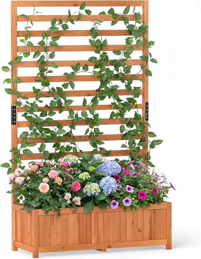Raised Garden Bed Fir Wood Elevated Planter with Climbing Trellis &amp Fitted Liner All-in-One Planter for Patio Balcony Rooftop Sunroom Outdoor Urban Gardeners &amp Plant Lovers Orange ﻿ (1)
