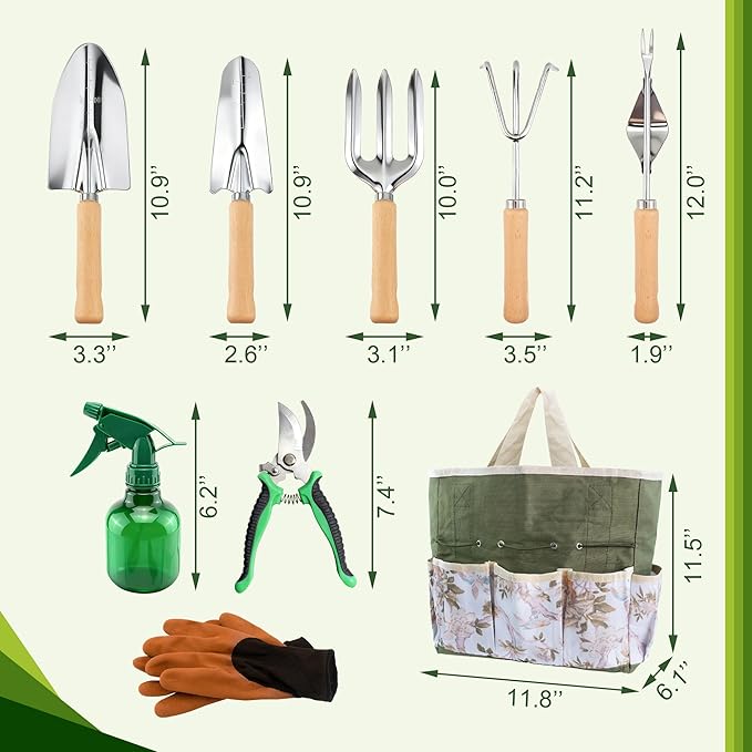BlingKingdom 9-Piece Garden Tools Set Stainless Steel Gardening Hand Tool Kit with Tote Bag Easy Storage Perfect Gardening Gifts for Beginners Women and Men