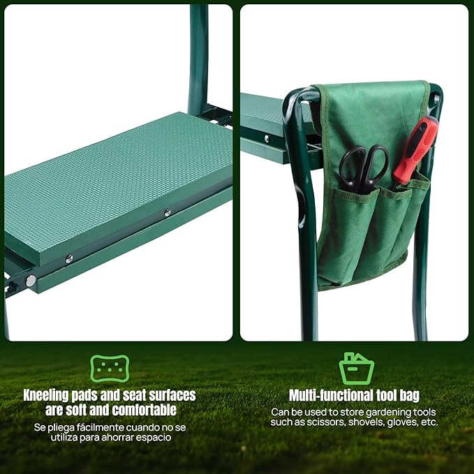Folding Garden Kneeler Seat with Handles and 3 Tool Bag Anti-Tipping Gardener Stool Widened Thick EVA Soft Foam Kneeling Pad Portable Lightweight Gardening Kneeler Stool for Garden
