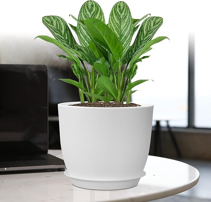 12/10/9 Large Plant Pots Plastic Planters with Drainage Holes and Saucers for Indoor Outdoor Plants Flowers White