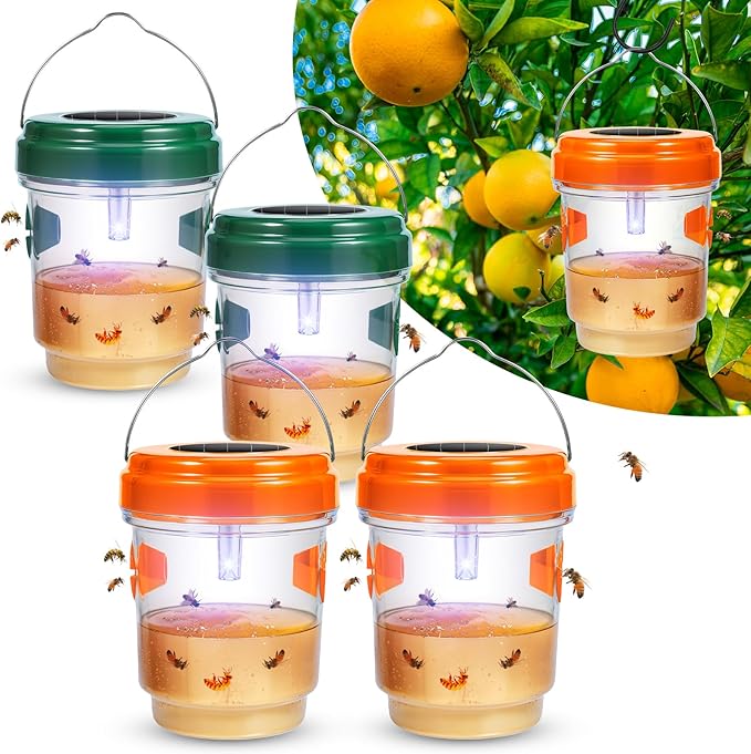 4 Pack Solar Powered Lighted Wasp Trap Outdoor Hanging Hornet Bee Effective Wasp Bee Repellent with Attraction Light