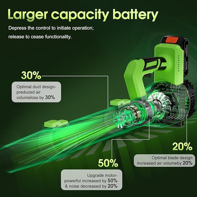 Cordless Leaf Blower 21V 6-Speed High Power Electric Blower with 6.0Ah Battery Lightweight Design 2 Batteries &amp Fast Charger for Lawn Patio Dust and Leaves（Black Green）