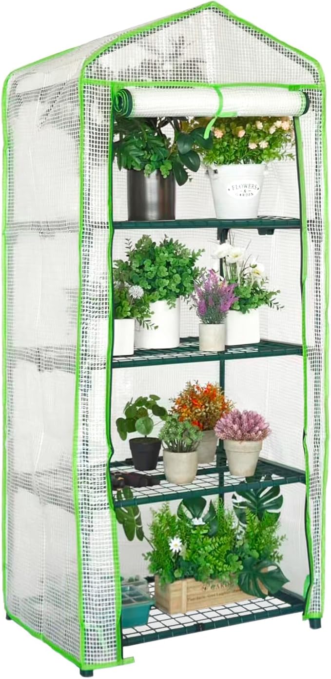 Mini Greenhouse for Indoor Outdoor Small Plants Green House with 4 Tier Shelves Portable Plastic Greenhouses with Durable PE Cover for Garden Backyard Patio Balcony Porch (White)