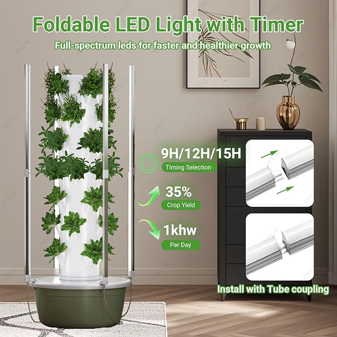 Hydroponics Growing System Vertical Tower with Automated Aeroponics and LED Grow Lights for Indoor Herb Garden