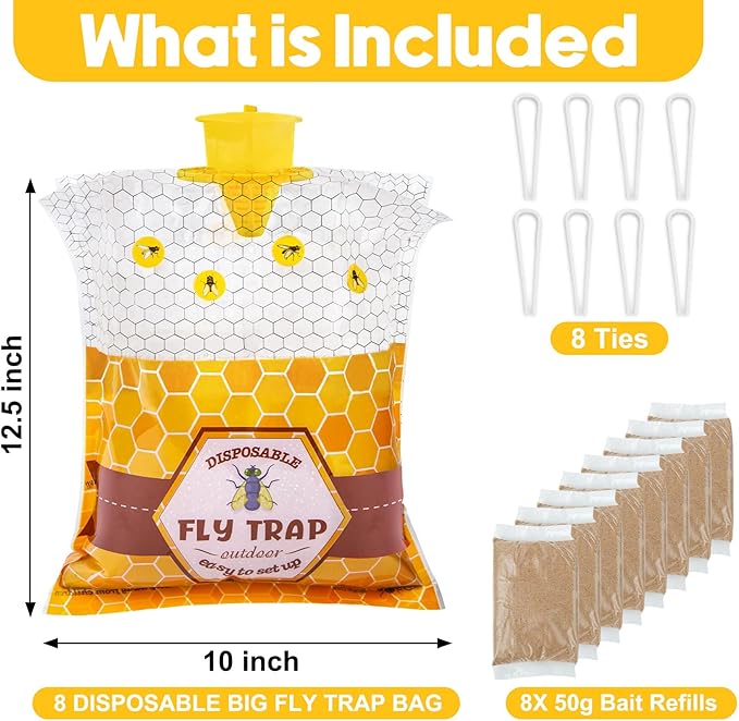 8 Pack Big Fly Traps Outdoor Hanging for Patio Flies Bags Outdoor Disposable with 50g Bait Bug Fly Hunter Catcher Killer Control for Barn Horse Ranch Chicken Coop