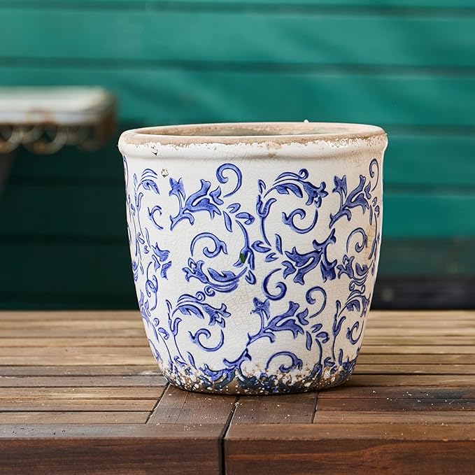 Vintage Ceramic Planter Without Drainage Hole 6.5 Inch - Indoor/Outdoor Flower Pot for Orchids Succulents Blue Floral Rustic Farmhouse Plant Pot for Home Office &amp Garden Décor Ideal Gift