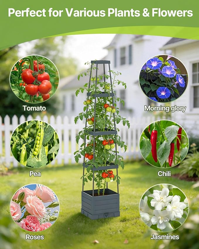 Suteck Raised Garden Bed Planter Box with Trellis 2-Pack Self-Watering Tomato Planter with Adjustable Height Steel Support Frame for Climbing Plants Tomato Cages for Patio Balcony &amp Outdoor