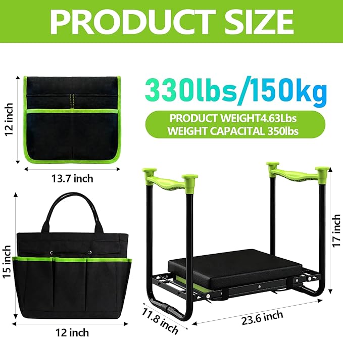 Garden Kneeler and Seat Heavy Duty Gardening Stool with 1.8 Thick Detachable Kneeling Pad Foldable Bench Chair with Tool Pouch and Bag for Knee &amp Back Pain Relief for Women Men Seniors (Green