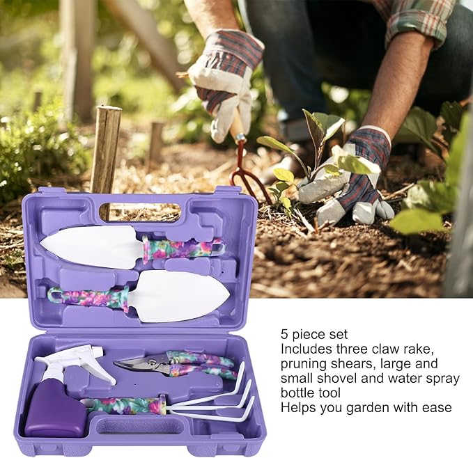 5 Piece Garden Tools Set with Gloves Gardening Hand Tools Kit with Storage Bag with Cultivator Rake Shovels Branch Scissors Spray Can