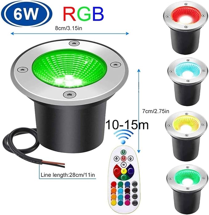 8PCS RGB Buried Yard Lamp - Recessed Led Outdoor Spotlights IP67 Waterproof Color Changing COB Ground Spotlight with Remote Controls 12V/24V LED Garden Landscape Lights(6W- 24v)