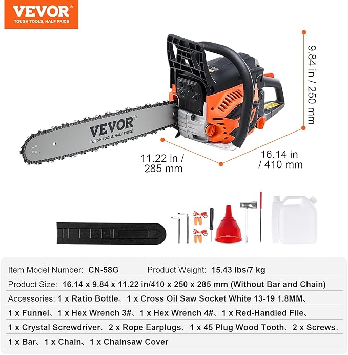 VEVOR Gas Chainsaw 58CC 2-Cycle Gasoline Powered Chainsaw 20 Inch Handheld Cordless Petrol Chain Saws For Forest Wood Garden and Farm Cutting Use