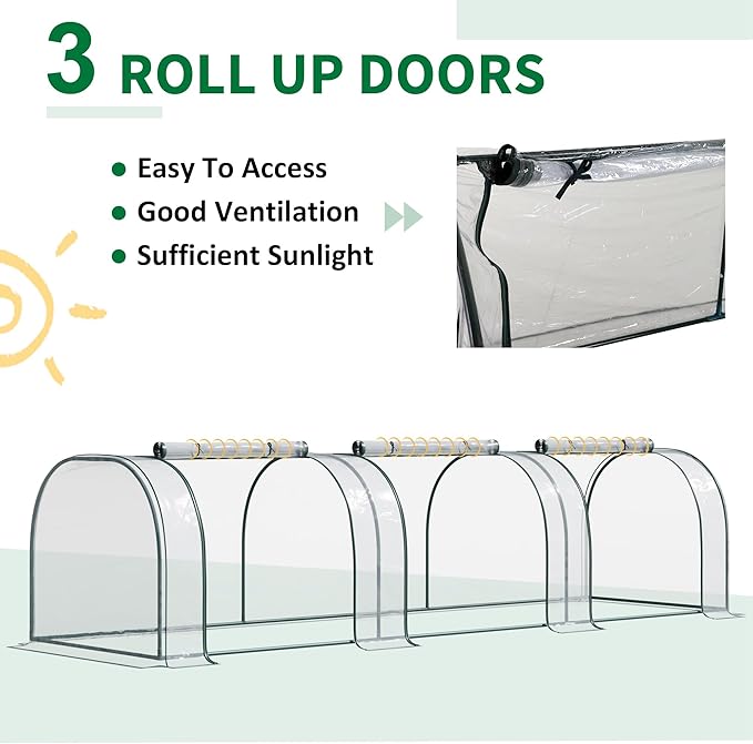 Outsunny 11' x 3' x 2.5' Mini Greenhouse Portable Tunnel Green House with Roll-Up Zippered Doors UV Waterproof Cover Steel Frame Clear