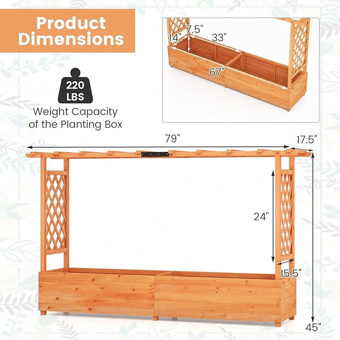 S AFSTAR 45-Inch Raised Garden Bed with Arch Trellis Hanging Roof Planter Box Drainage Holes Vertical Plant Container for Vine Climbing Plant Flower Flower Bed Wood Planter for Indoor &amp Outdo