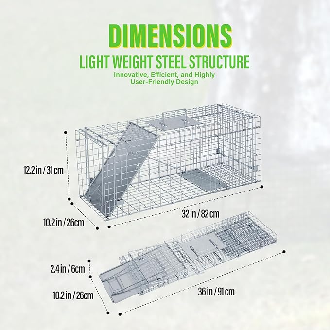 Humane Way Folding 32 Inch Live Humane Animal Trap - Safe Traps for All Animals - Raccoons Cats Groundhogs Opossums - 32 L x 10.2 W x 12.2 H