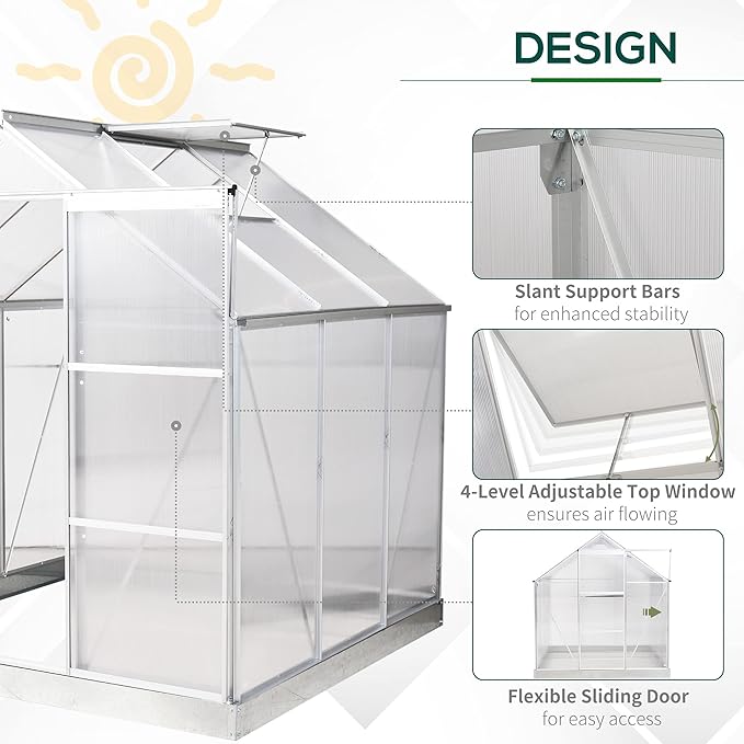 Outsunny 6' x 6' Hobby Greenhouse Walk-in Polycarbonate Hot House Kit with Aluminum Frame Sliding Door Roof Vent Silver