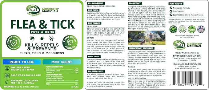 Mosquito Magician Indoor and Outdoor Flea &amp Tick Spray - Use for Carpet Furniture Bedding Couches &amp Pets – Plant-Sourced with Essential Oil – Mint 32 OZ