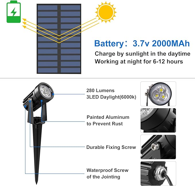3 Pack Solar Spot Lights Outdoor Solar Landscape Spotlights IP65 Waterproof 9.8ft CableAuto On/Off Outdoor Wall Lights for Garden Yard Driveway Porch Walkway Pool (6000K White+Blue)