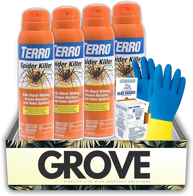 4X TERRO Spider Killer Aerosol 16 oz Bundle with Glue Board Trap and Cleaning Gloves – Ant Spray and Spider Repellent Indoor &amp Outdoor – Gift Set (6 Items)