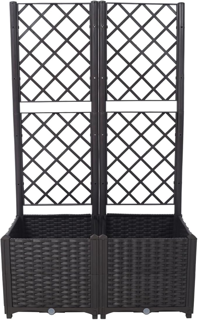 ZeHuoGe Poly Rattan Trellis Raised Bed with Drainage Plug 2 Removable Pots with Large Flower Boxes Built-in Support for Climbing Plants - Outdoor Patio Garden Decoration