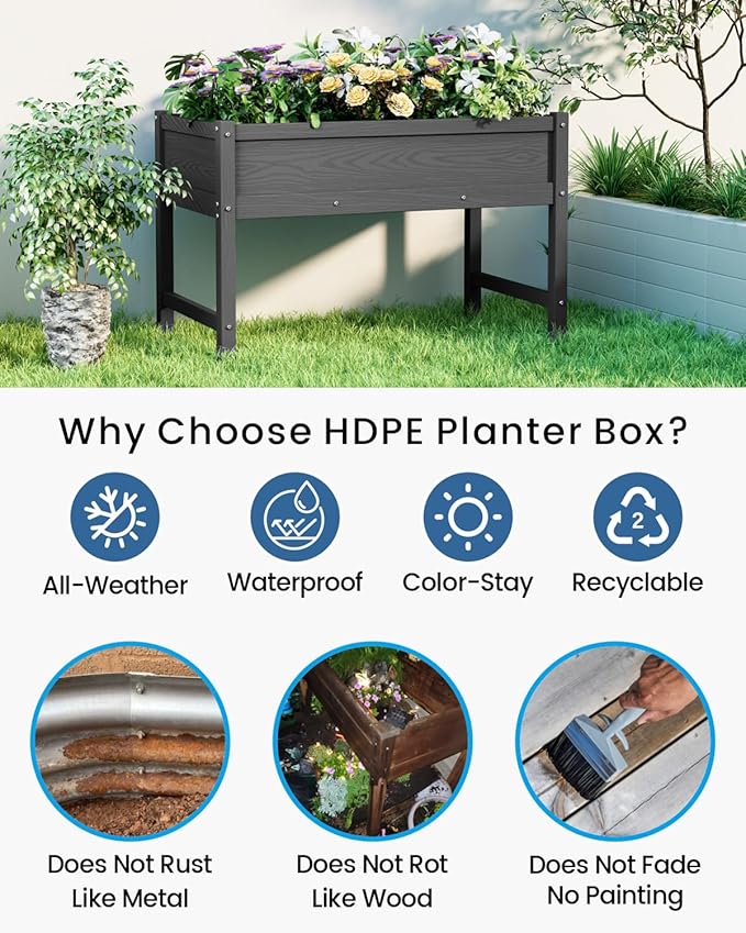 HDPE Raised Garden Bed with Legs Outdoor All-Weather Elevated Planter Box Raised Beds for Seeds Herb Flower Vegetable (Black)