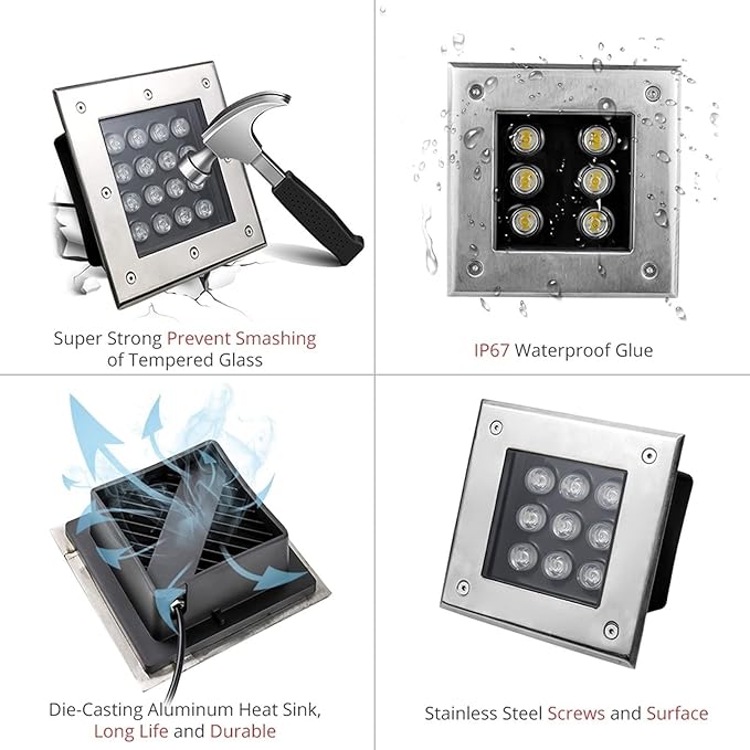 LED Landscape Lights - Outdoor Buried Lights IP67 Waterproof Ground LED Lights Stainless Steel Material Square Buried Light High Load-Bearing Floor SpotlightWhite-6w(24V)