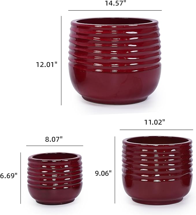 Handmade Glazed Ceramic Planter Set of 3 15118 Inch Diameter Horizontal Groove Pattern for Succulents Flowering Plants Outdoor G Indoor Staircase Bookshelf Use Breathable Clay Deep Red