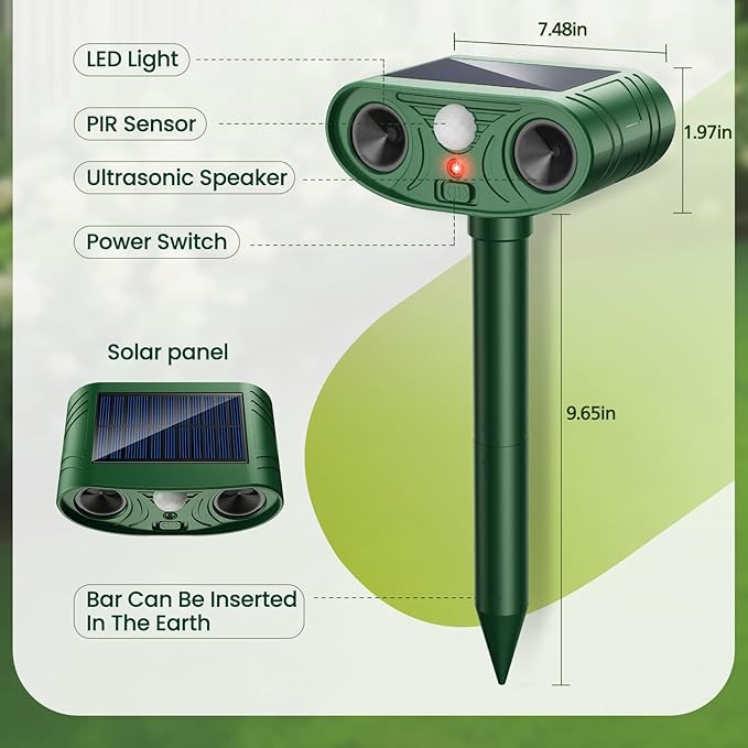 2026 Upgraded Ultrasonic Solar Animal Repellent Outdoor Deer Repellent Devices Squirrel Cat Raccoon Rabbit Dog Deterrent with Motion Sensor for Yard Garden Lawn